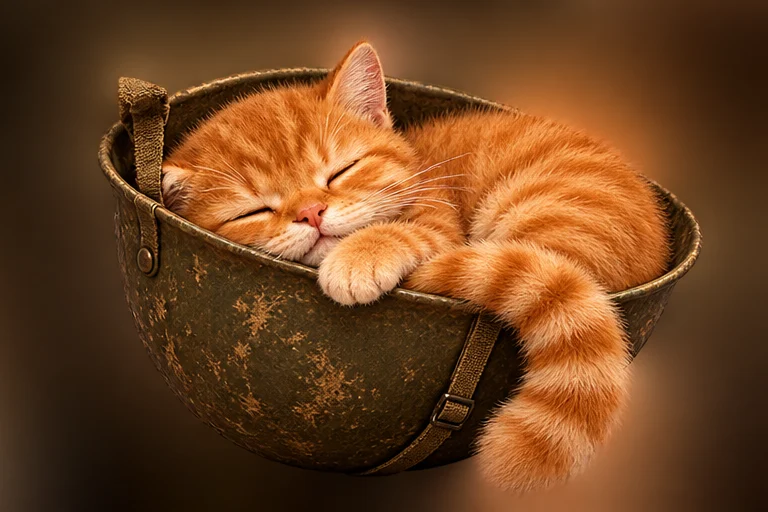 Trenchcat sleeping curled up inside a helmet