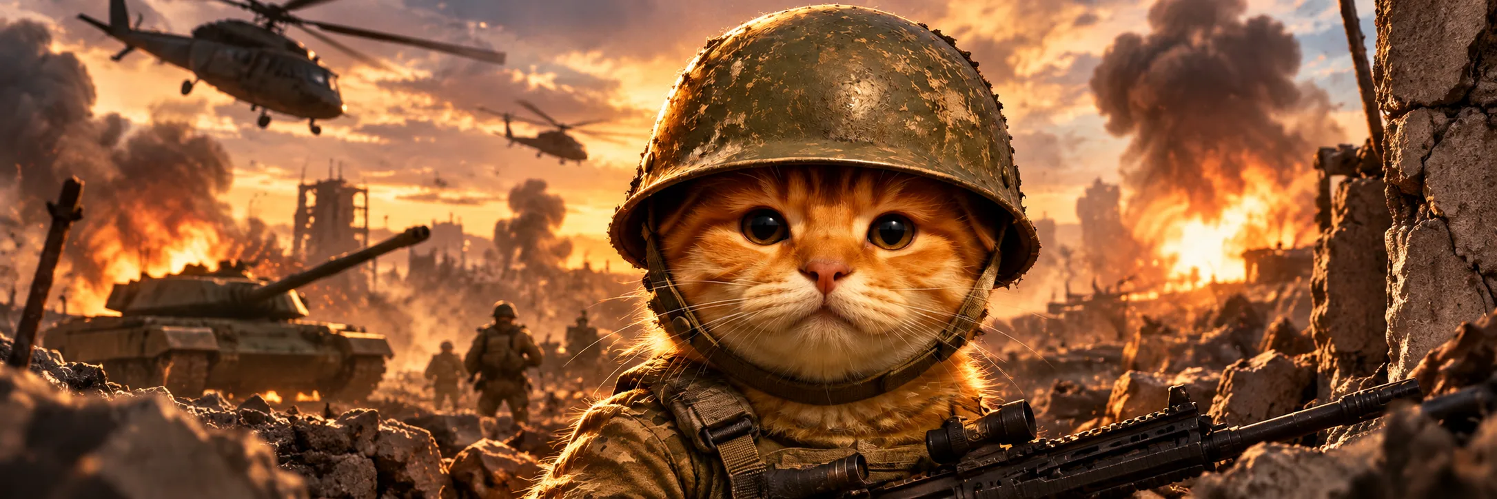 Trenchcat holding the line on the battlefield at sunset