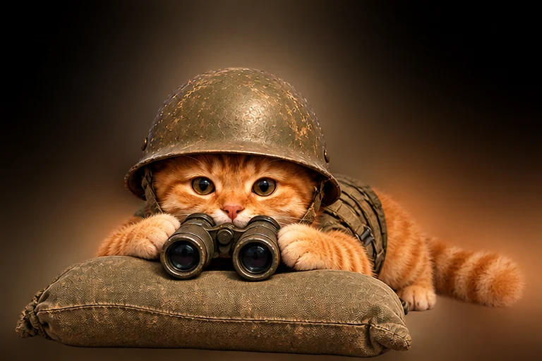 Trenchcat watching through binoculars from a sandbag